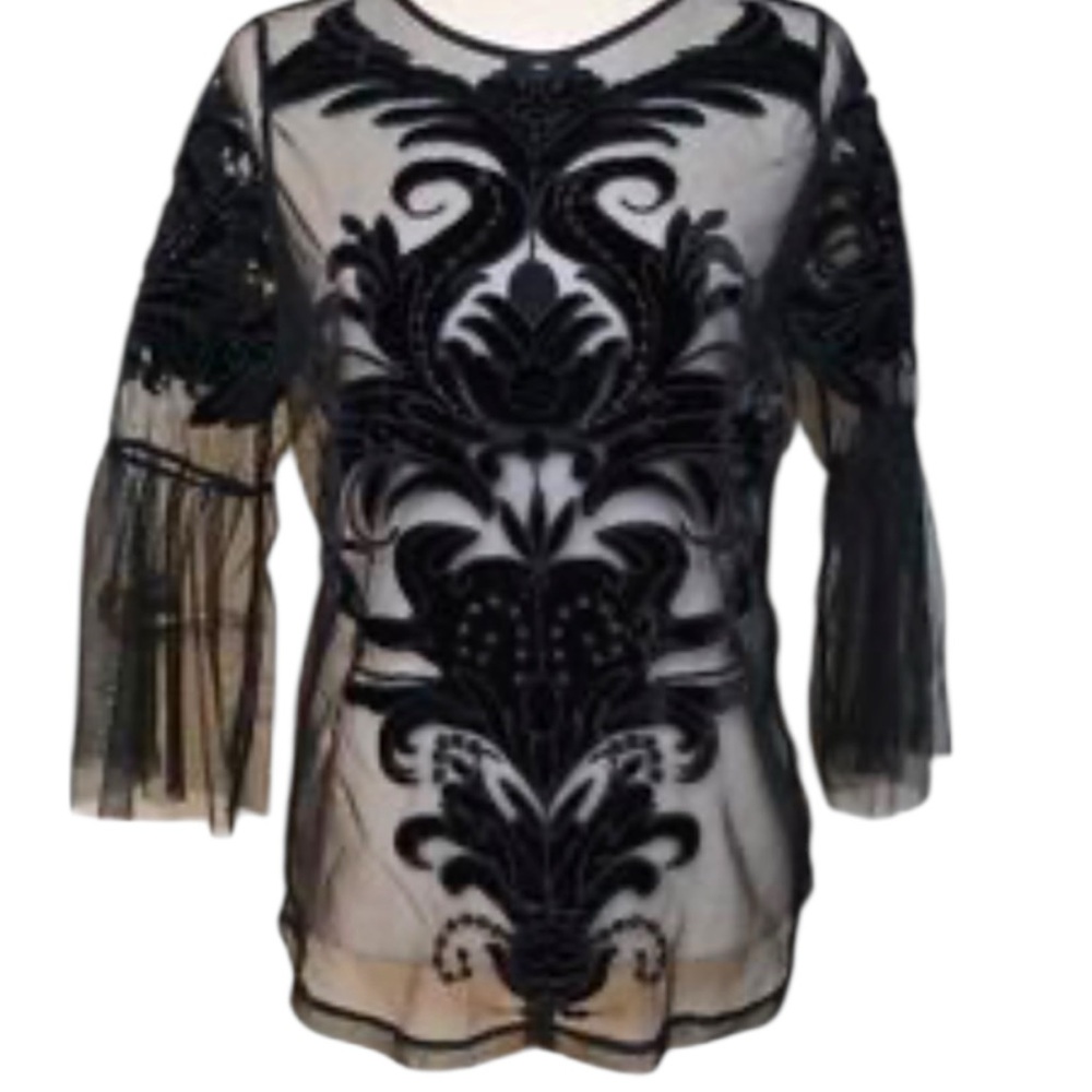 INC Black Mesh Velvet Appliqué See Through Top Blouse. Petite,Vintage,Y2K, Goth - Picture 12 of 15